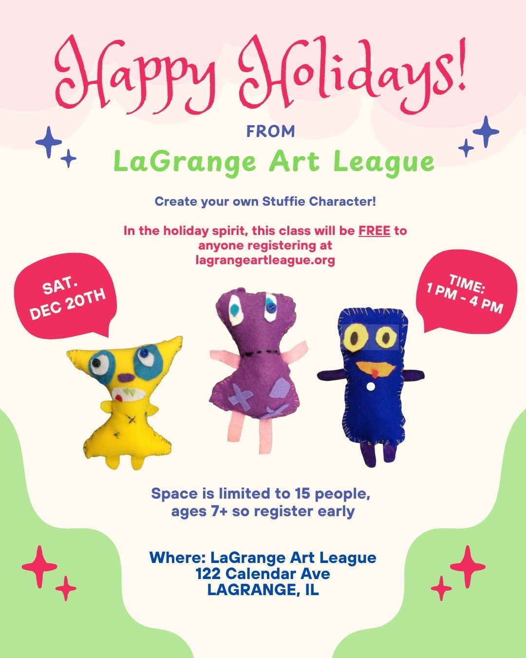 Stuffie Character Making Class - December 20th from 1:00 to 4:00PM FREE! Drop your kids off and get your last minute Christmas shopping done