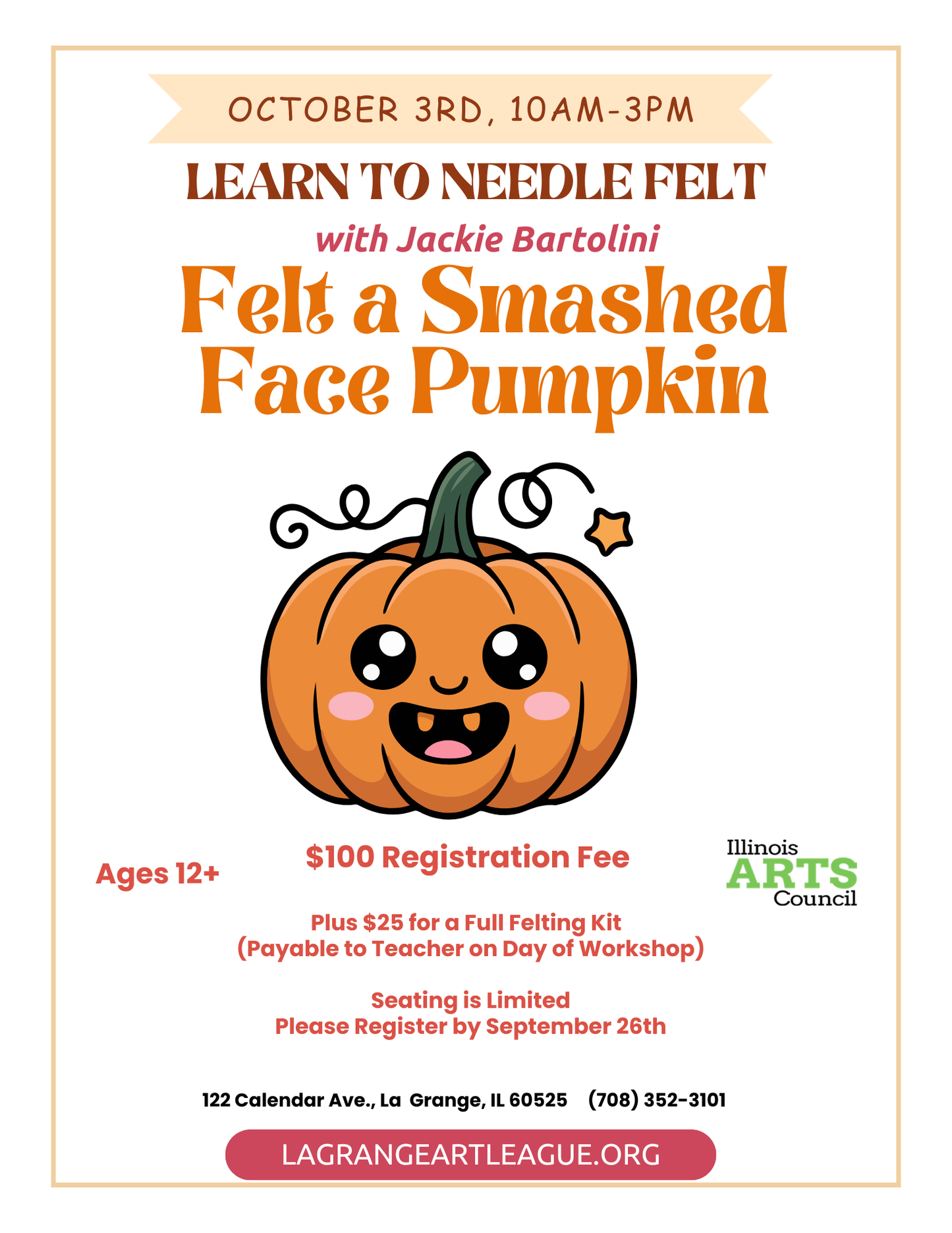 Learn to Needle Felt an Smashed Face Pumpkin- 1 Day Workshop - Saturday, Morning - October 3, 2026