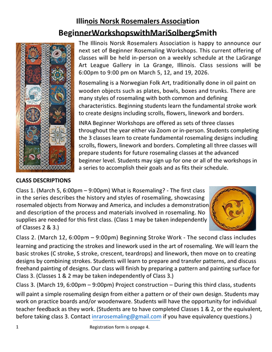 Illinois Norsk Rosemalers Association Beginner Workshops with Mari Solberg Smith - March 5, 12 & 19, 2026 - Must sign-up through INRA, please read