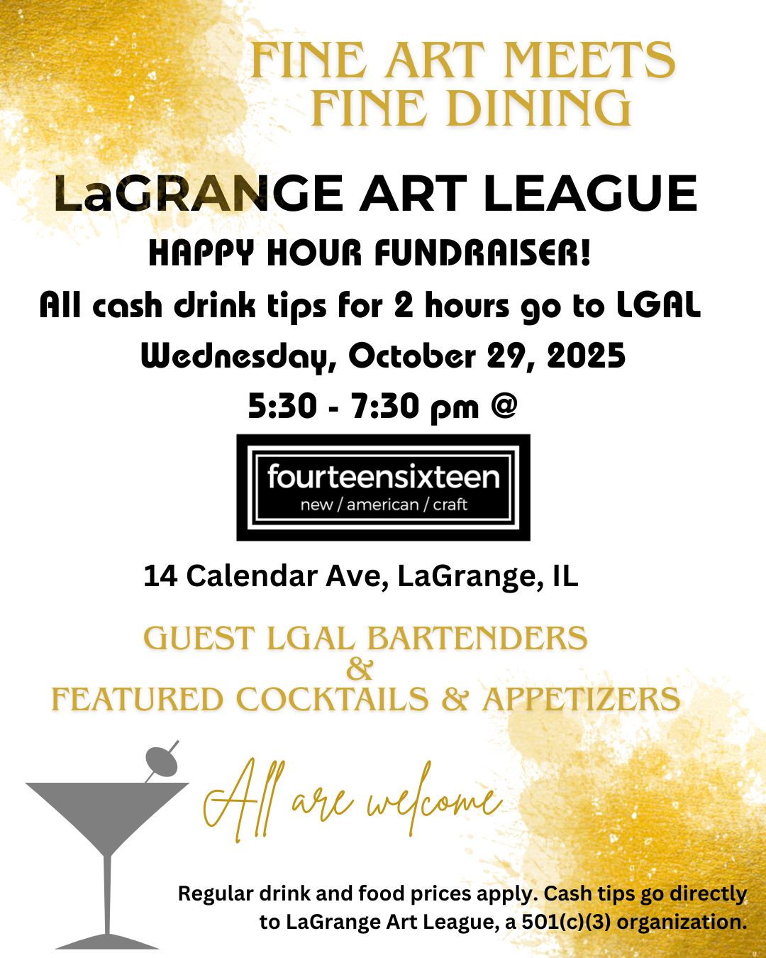 Fundraiser Event Oct 29: Guest Bartender Fundraiser Event at Fourteen Sixteen Restaurant