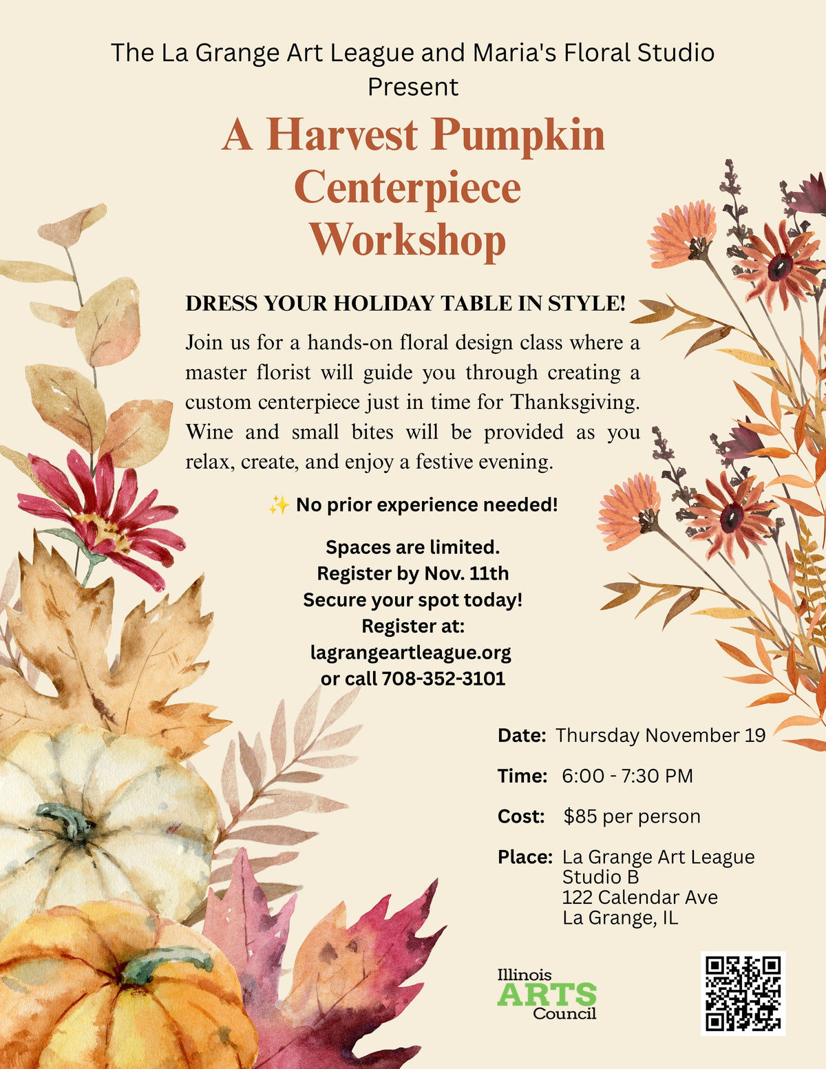 Harvest Pumpkin Centerpiece Workshop, Thurs. Nov 19, 6-7:30pm